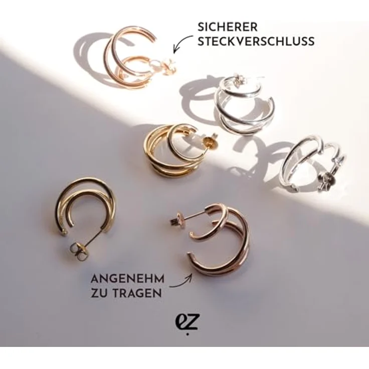 Echtzeit Creole Modern Lines, 3in1-Ohrringe aus Edelstahl mit 14K Vergoldung, wasserfest & hautfreundlich, roségold, 2,2 cm – Bild 5