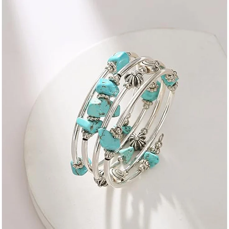 FULU AUTUMN Damen Boho Armband, mehrschichtiges Perlen Silber Wickelarmband mit Natursteinen in Türkis, perfektes Geschenk für Frauen zum Geburtstag und Muttertag – Bild 3