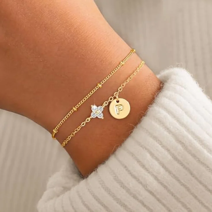 TINGN Damen Armband Gold, 14K Vergoldet, personalisiertes Buchstaben P Charm, 15cm+5cm Verlängerung, hypoallergen, ideales Geschenk für Frauen – Bild 2