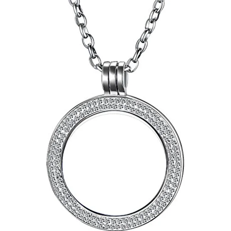 Morella Damen Halskette 70 cm, Edelstahl mit Zirkonia Coin Anhänger 33 mm, Silber