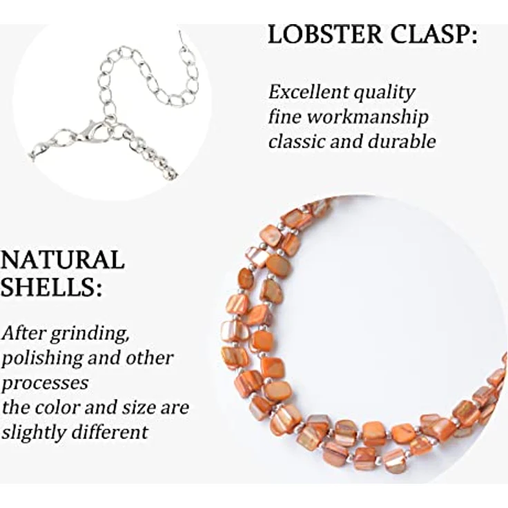 Bulinlin Boho Bunte Perlenkette Damen Muschelkette, Verstellbare Choker-Halskette mit natürlichen Muscheln, 43 cm + 7 cm Verlängerung, Orange – Bild 4