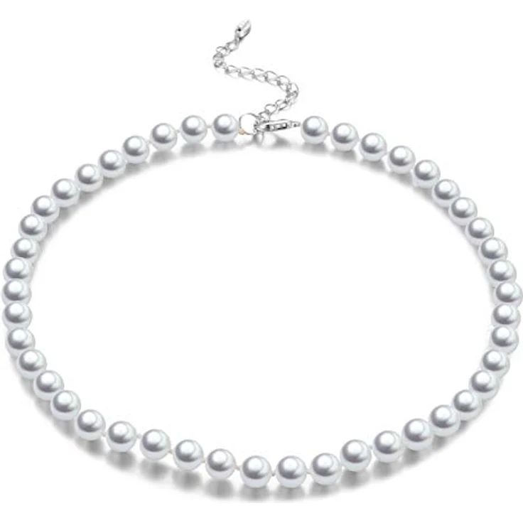 Bulinlin Damen Choker Halskette mit 8mm Weißen Muschelperlen und Silbernen Kupferperlen, Boho Statement Schmuck für Frauen, Allergiefrei mit Geschenkbox – Bild 1