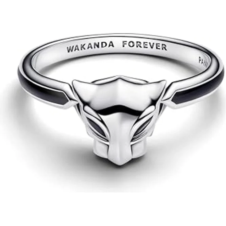 PANDORA Marvel Black Panther Ring, Sterling Silber mit schwarzen künstlichen Kristallen und Emaille, Größe 58, Gravur „WAKANDA FOREVER“ – Bild 1