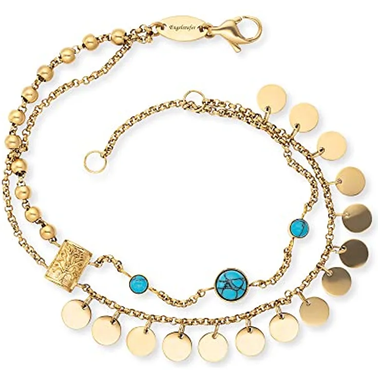 Engelsrufer Damen Armband Boho aus vergoldetem Edelstahl mit drei türkisen Steinen und Lebensbaum Anhänger - verstellbar von 17 cm bis 19 cm - nickelfrei