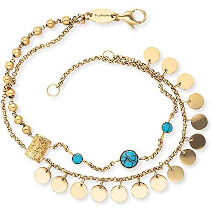 Engelsrufer Damen Armband Boho aus vergoldetem Edelstahl mit drei türkisen Steinen und Lebensbaum Anhänger - verstellbar von 17 cm bis 19 cm - nickelfrei