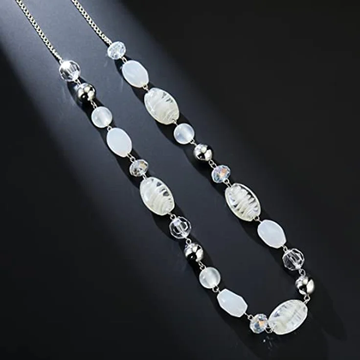 FULU AUTUMN Lange Perlenkette Damen Boho Statement Schmuck, 35 Zoll, Weiß, handgefertigt aus Glas und Kristall – Bild 3