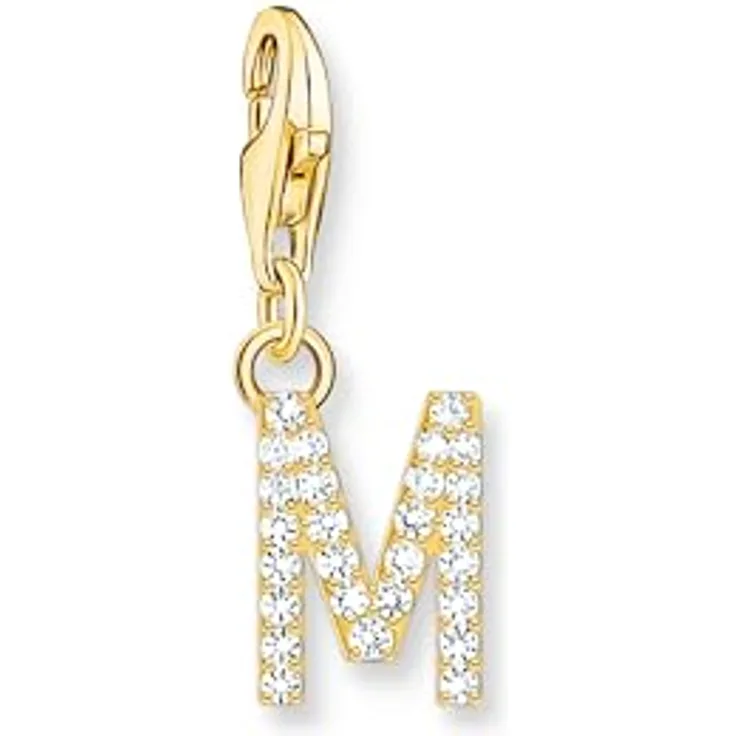 THOMAS SABO Charm-Anhänger Buchstabe M, vergoldet 750 Gelbgold mit weißen Steinen, 925 Sterlingsilber