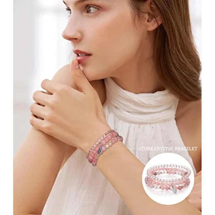 FULU AUTUMN Mehrschichtiges Perlenarmband Damen, Stretch Boho Modeschmuck in Pink, handgefertigt, perfekt für Mama, Oma und Frau, ideales Geburtstagsgeschenk – Bild 4