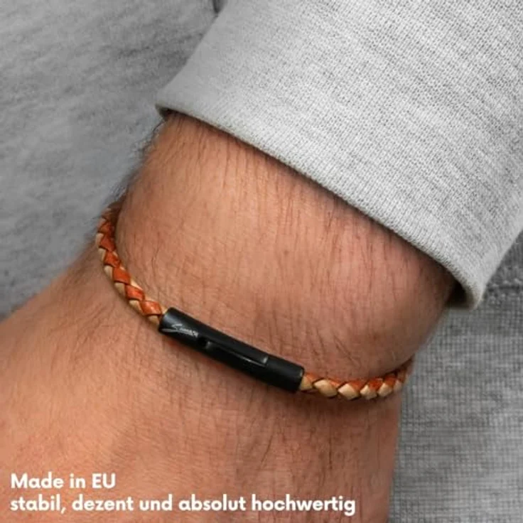 Simaru Lederarmband, 4mm geflochten aus Echtleder mit Edelstahl Hakenverschluss, wasserfest, 21cm Länge, Hellbraun mix – Bild 4