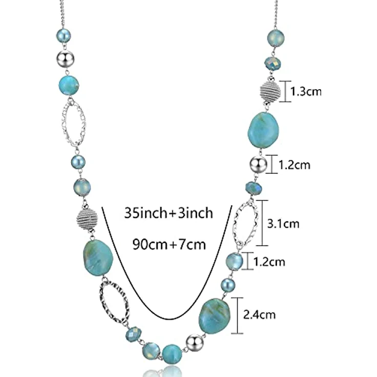 Bulinlin Silber Perplen Lange Kette für Damen, Boho Statement Chain Halskette mit Harz- und Metallperlen, Türkis, 35+3 inches – Bild 5