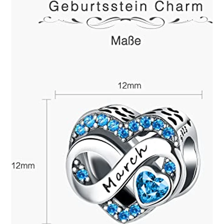BIZK Damen Unendlichkeit Geburtsstein Charm Anhänger, 925 Sterling Silber mit blauem Zirkon für März, kompatibel mit europäischen Armbändern, ideal als Geburtstagsgeschenk – Bild 5