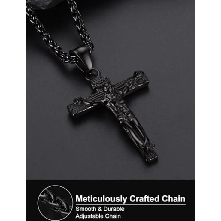 U7 Kreuz Halskette Edelstahl, INRI Kruzifix Jesus Christus Anhänger, Schwarz, 50+5cm Weizenkette, Herren Modeschmuck – Bild 4
