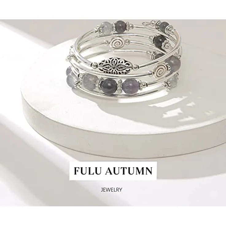 FULU AUTUMN Damen Boho Wickelarmband aus mehrschichtigen Glasperlen und versilberter Legierung, Geschenkverpackung, 17-Grey – Bild 4