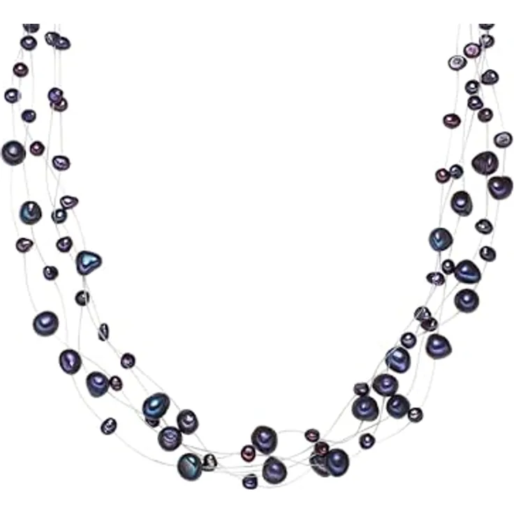 Valero Pearls Damen-Kette Süßwasser-Zuchtperlen Barock blau, 4-6 mm, 925 Sterling Silber, 43 cm + 5 cm Verlängerung, mehrreihiges Design