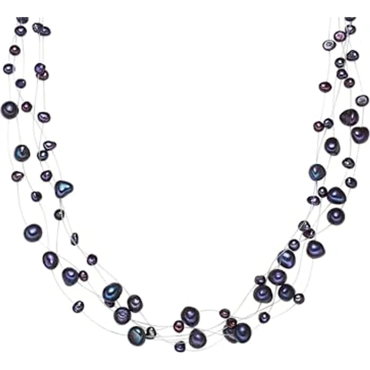 Valero Pearls Damen-Kette Süßwasser-Zuchtperlen Barock blau, 4-6 mm, 925 Sterling Silber, 43 cm + 5 cm Verlängerung, mehrreihiges Design – Bild 1