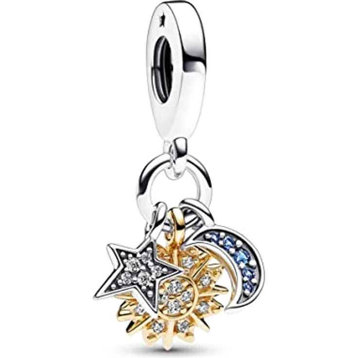 PANDORA Bicolor Himmlischer Dreifacher Charm-Anhänger aus Sterling Silber und 14 Karat vergoldeter Metalllegierung mit Cubic Zirkonia, Sonne, Stern und Halbmond, kompatibel mit Moments, 762676C01 – Bild 1