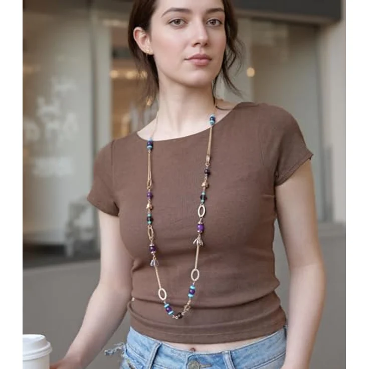 Dazylleco Lange Gold Perlenkette Damen Boho Halskette, 90cm mit Natursteinen und Holzperlen, Geschenke für Mama, lila – Bild 3