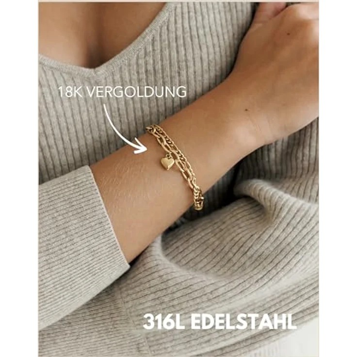 GD GOOD.designs Armband Herz für Damen Gold - 18K vergoldetes, mehrreihiges Charms Armband mit verstellbarem Herzanhänger (14,5cm - 19,5cm) - Figaro- und Panzerkette – Bild 4