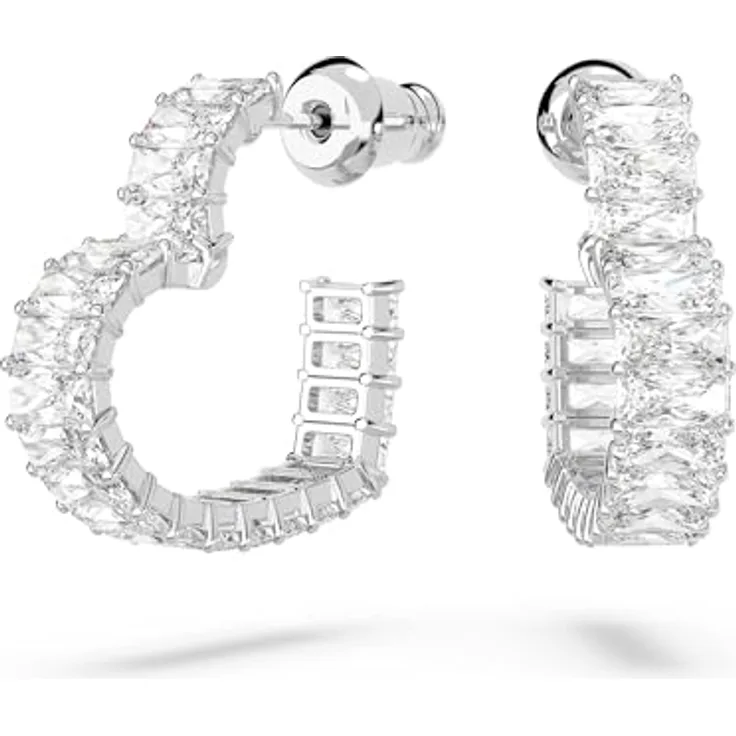 Swarovski Matrix Kreolen, Rhodinierte Ohrringe mit Herz-Motiv und Baguette-schliff, Strahlende Swarovski Kristalle