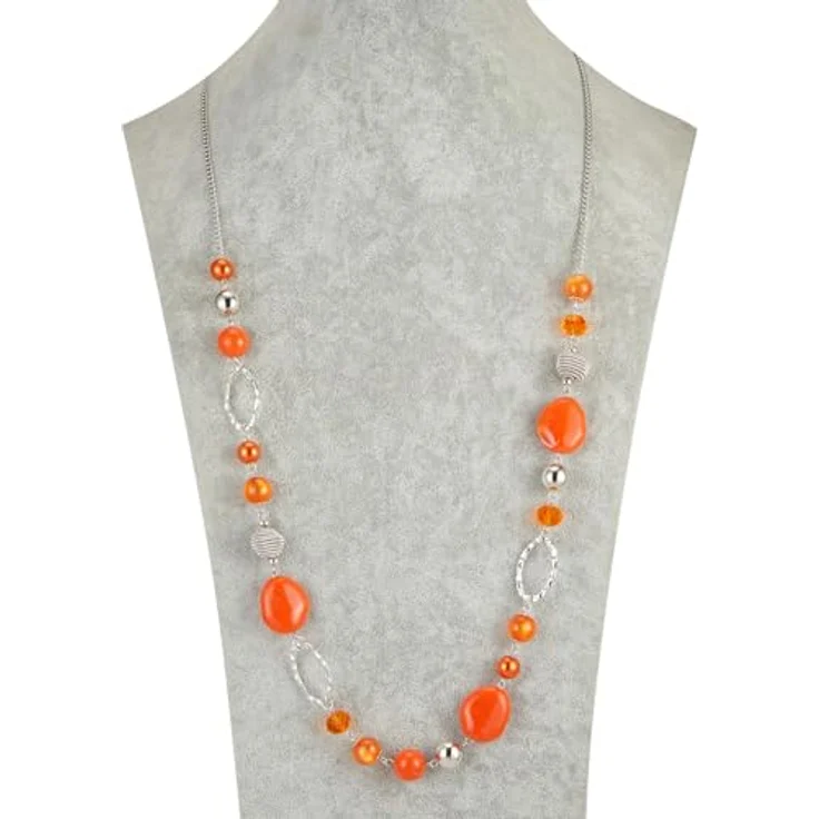 Bulinlin Lange Silber Perlenkette für Damen, Boho Statement Chain, 35+3 Zoll, Orange, Modeschmuck Geschenkidee – Bild 3