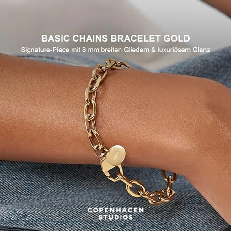 COPENHAGEN STUDIOS Basic Chunky Bracelet, gold - 8 mm breites Armband aus poliertem Edelstahl mit 14K Vergoldung, wasserfest & hautfreundlich, verstellbar bis 21 cm – Bild 2
