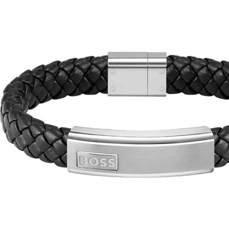 BOSS Jewelry LANDER Armband für Herren, schwarzes Lederarmband mit Edelstahlverschluss und graviertem Schriftzug, 19 cm Umfang – Bild 2