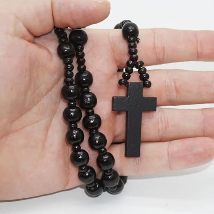 Soul-Cats Rosenkranz aus Holz mit Kreuz, Katholische Gebetskette mit runden Holzperlen, schwarz, 75 cm lang für Andacht und Meditation – Bild 2