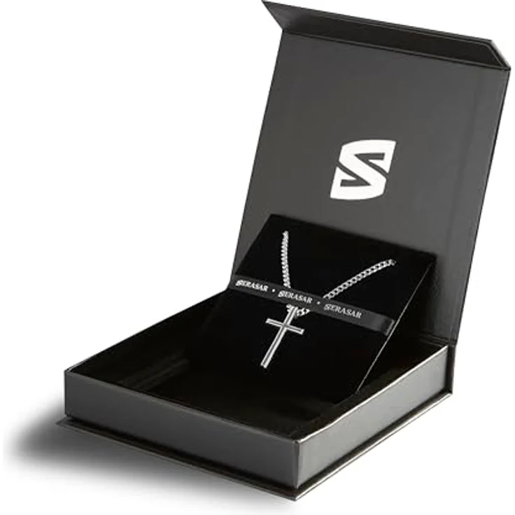 SERASAR Kreuz Kette Herren, Edelstahl Silber Halskette mit Panzerkette, 50cm oder 60cm, wasserfest, Geschenkidee in Schmuckschatulle – Bild 2