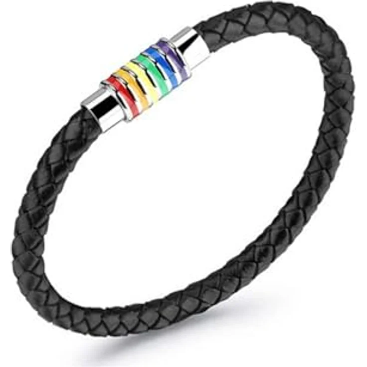 PHOGARY Gay Pride Armband, 2er Set Regenbogenarmband aus schwarzem Leder mit Edelstahl Magnetverschluss, 22 cm – Bild 2