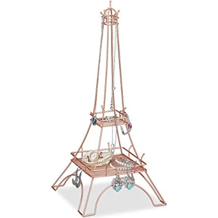 Relaxdays Schmuckständer Eiffelturm, roségold, Schmuckaufbewahrung mit 17 Haken und 2 Ablagen, HBT 47x21x21 cm