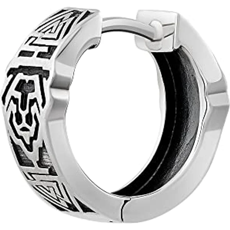 caÏ Herren Single Creole 925 Sterling Silber, 1,4 cm, Matt Silbergrau, Klappcreole mit grafischem Muster und Löwendesign – Bild 2