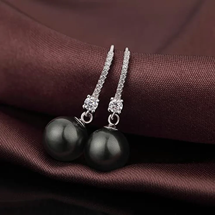 Miaofu Schwarz Perlenohrringe Damen, Hängend mit 5A Cubic Zirconia Crystals, S925 Sterling Silber – Bild 5