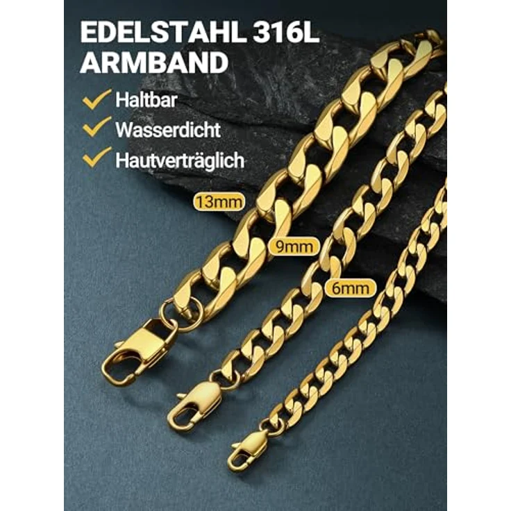 PROSTEEL Panzerarmband Herren, 19cm lang, 9mm breit, Edelstahl in Gold, wasserdicht und robust, klassisches Miami Design mit Karabinerverschluss – Bild 4
