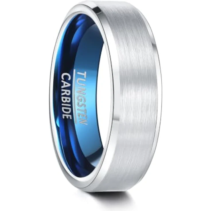 083BASE Wolfram Ring Schwarz/Silberblau, Gebürstetes Metall-Design mit Schräge Kanten, Unisex, 4mm/6mm/8mm Breite, Hochwertige Geschenkbox – Bild 1