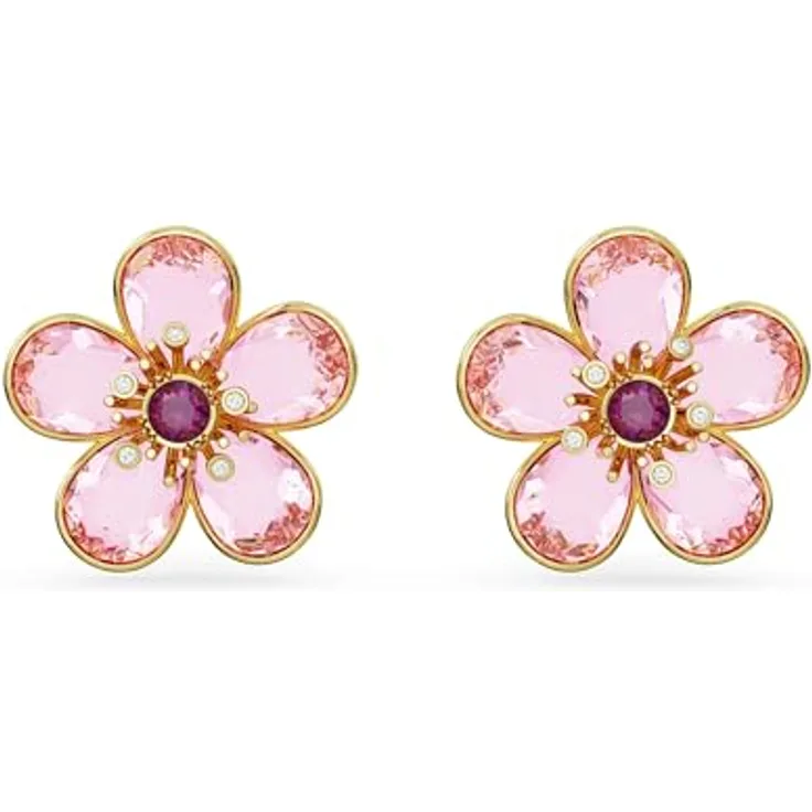 Swarovski Idyllia Ohrstecker, Vergoldete Ohrringe mit Blumen-Motiv und Rosa Swarovski Kristallen