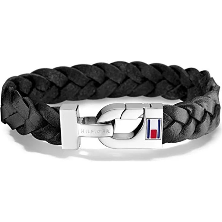 Tommy Hilfiger Jewelry Herren-Armband, geflochtenes Leder, Edelstahlverschluss, 20.5 cm, schwarzes Leder mit graviertem Schriftzug