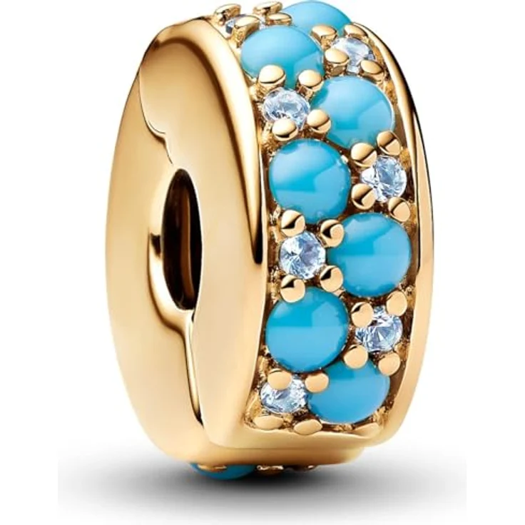 PANDORA Moments Aquablaues Clip-Charm aus 14 Karat Vergoldetem Sterling Silber mit eisblauen und capriblauen Kristallen, Kompatibel mit Moments Anhängern – Bild 1