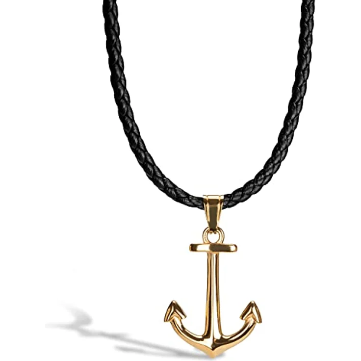 SERASAR Lederkette Herren Halskette mit Anker Anhänger, 60 cm Gold Lederband aus echtem Rindsleder, rustikaler Schmuck mit Geschenkbox – Bild 1