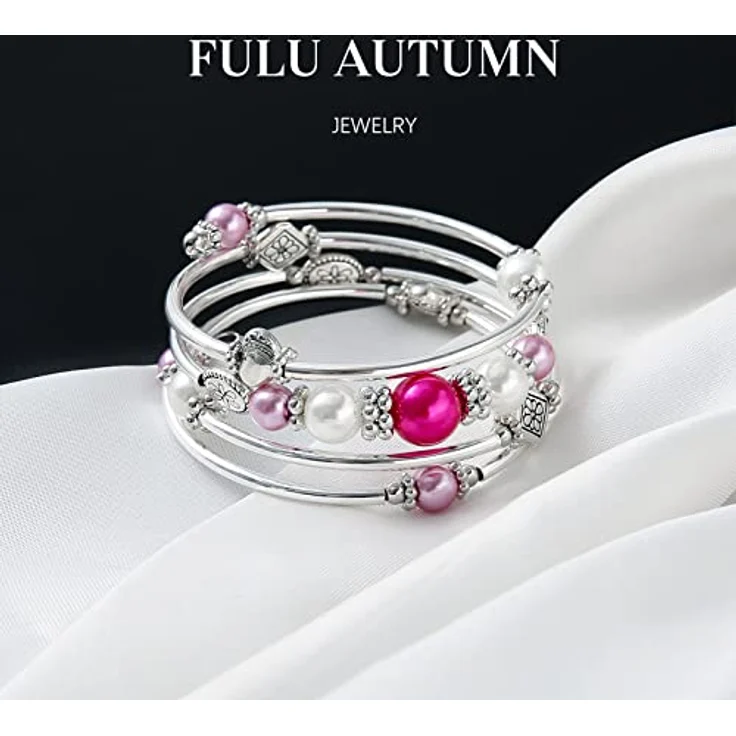 FULU AUTUMN Damen Boho Armband, mehrschichtiges Perlen Silber Wickelarmband, Geschenke zum Geburtstag und Muttertag, Hot Pink – Bild 3