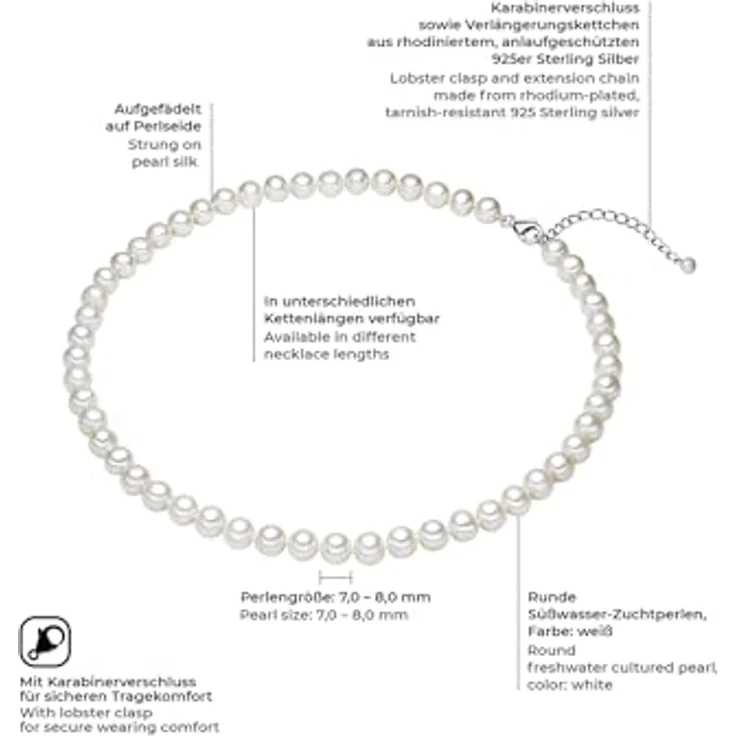 Valero Pearls Damen Perlenhalskette, hochwertige Süßwasser-Zuchtperlen 7-8 mm rund weiß, 925 Sterling Silber, elegantes Schmuckstück mit Verlängerungskettchen – Bild 2