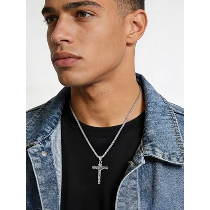 U7 Edelstahl Kreuz Halskette, INRI Kruzifix Jesus Christus Anhänger mit 50+5cm Weizenkette, Silber-Ton, antiallergen und verstellbar – Bild 2