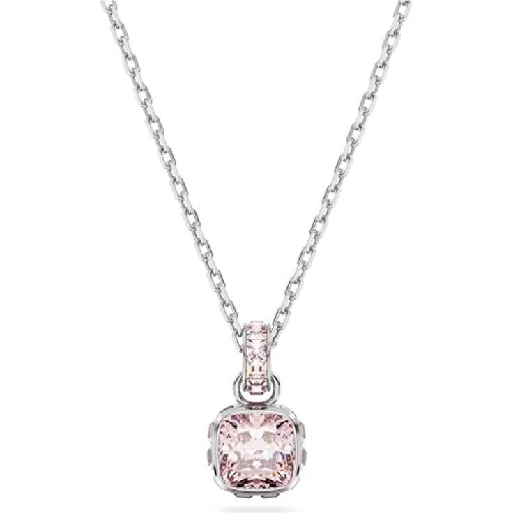 Swarovski Birthstone Anhänger Juni, Rosafarbene und Rhodinierte Damenhalskette mit Kristallen im Kissenschliff