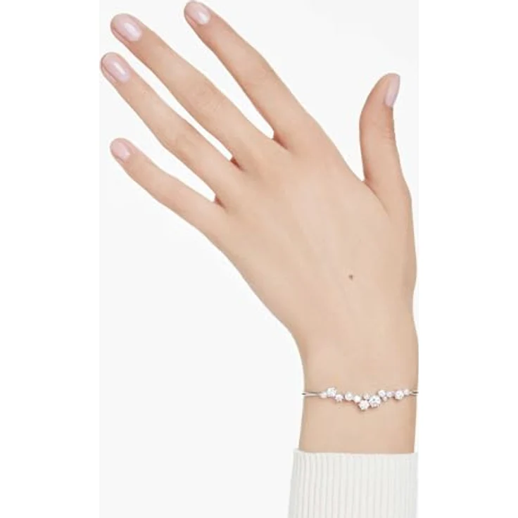 Swarovski Constella Armreif, Rhodinierter Damenarmreif mit weißen Kristallperlen und Zirkonia, Zugmechanismus, 24 cm Länge – Bild 5