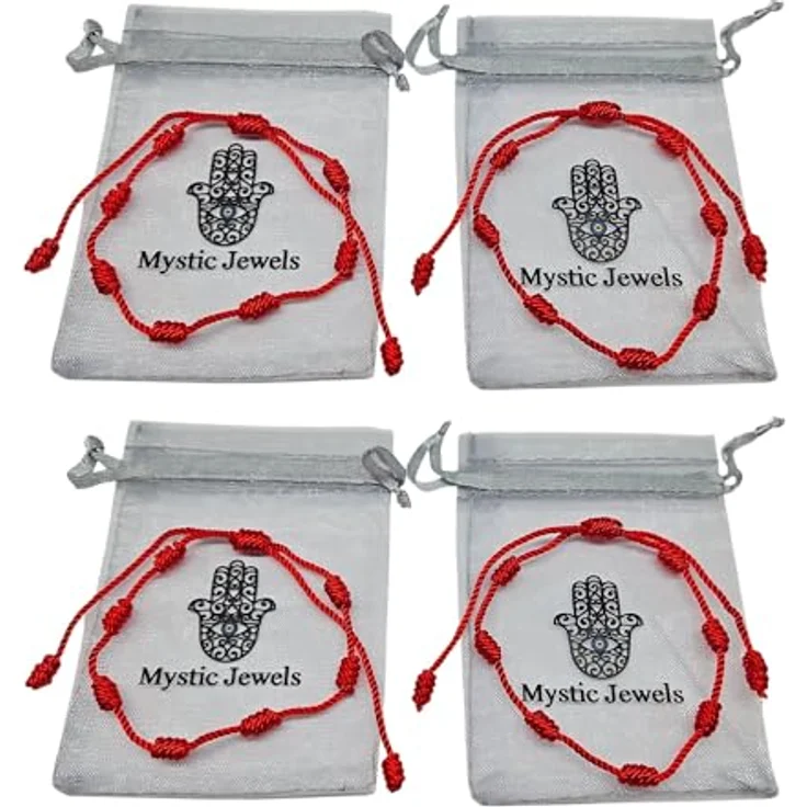 MYSTIC JEWELS Kabbalah Armband, verstellbar, rote Kordel mit 7 Knoten, Schutz vor bösen Augen, Unisex, 4 Stück – Bild 2