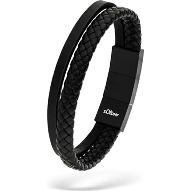 s.Oliver Herren Bracelet, Echtleder Armband in Schwarz, verstellbar bis 22 cm, wasserfest & hautfreundlich