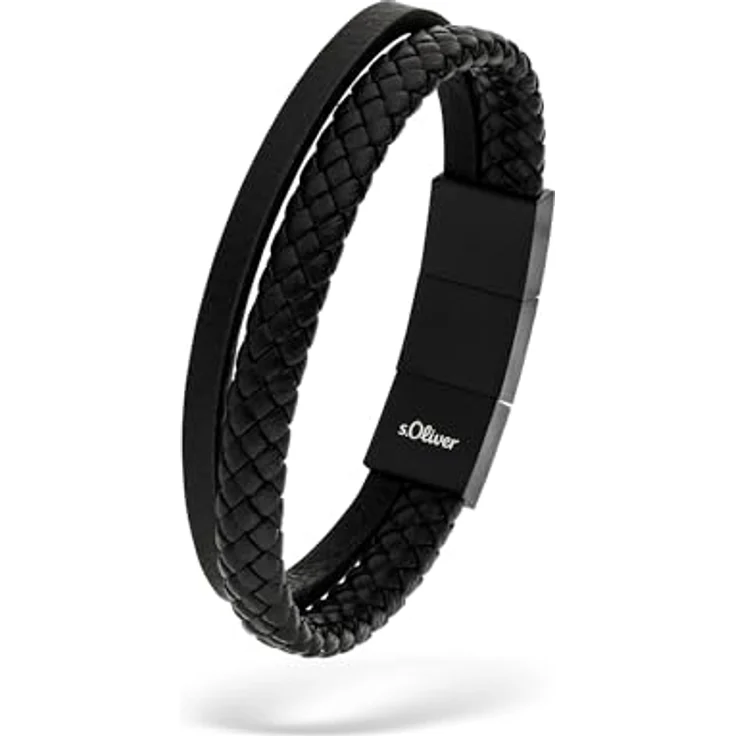 s.Oliver Herren Bracelet, Echtleder Armband in Schwarz, verstellbar bis 22 cm, wasserfest & hautfreundlich – Bild 1
