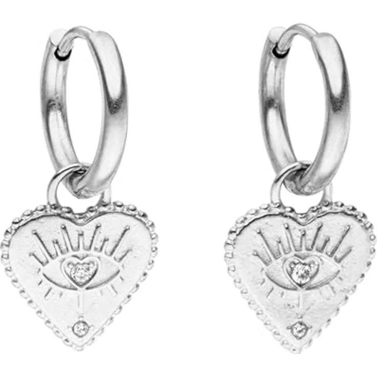 Purelei Heart Eye Ohrringe, Kleine Creolen mit Herzanhänger und Zirkonia, Wasserfest, Edelstahl, 18K Vergoldung, Silber