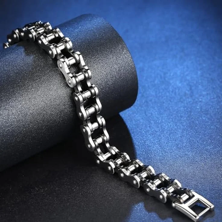 OSTAN Herren Edelstahl Armband, Fahrradkette Biker Gliederkette in schwarz + silber, 21.5 cm Länge, anti-allergisch und hoch poliert – Bild 3