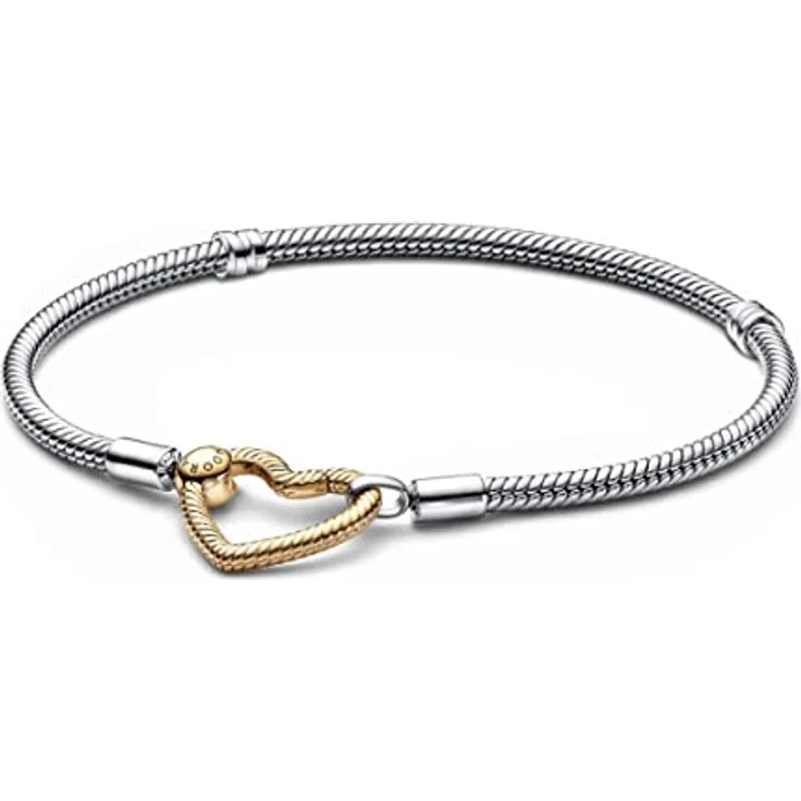 PANDORA Moments Herzverschluss Schlangen-Gliederarmband, Sterling-Silber und 14 Karat vergoldeter Metalllegierung, kompatibel mit Moments Armbändern, Größe: 21cm – Bild 1