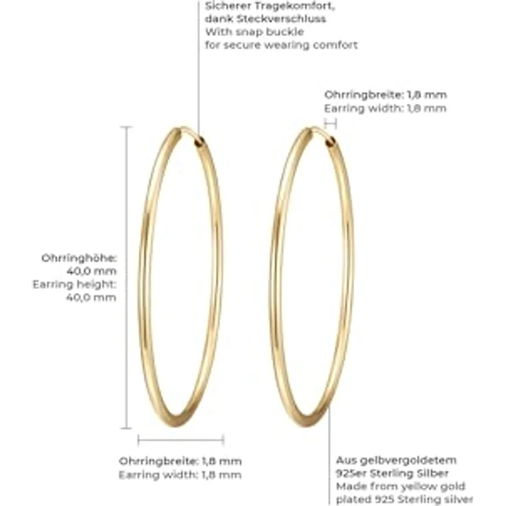 Rafaela Donata Damen-Creolen 925 Sterling Silber, 40mm rund, gelbvergoldet, Basic Ohrringe für Damen mit Steckverschluss – Bild 2